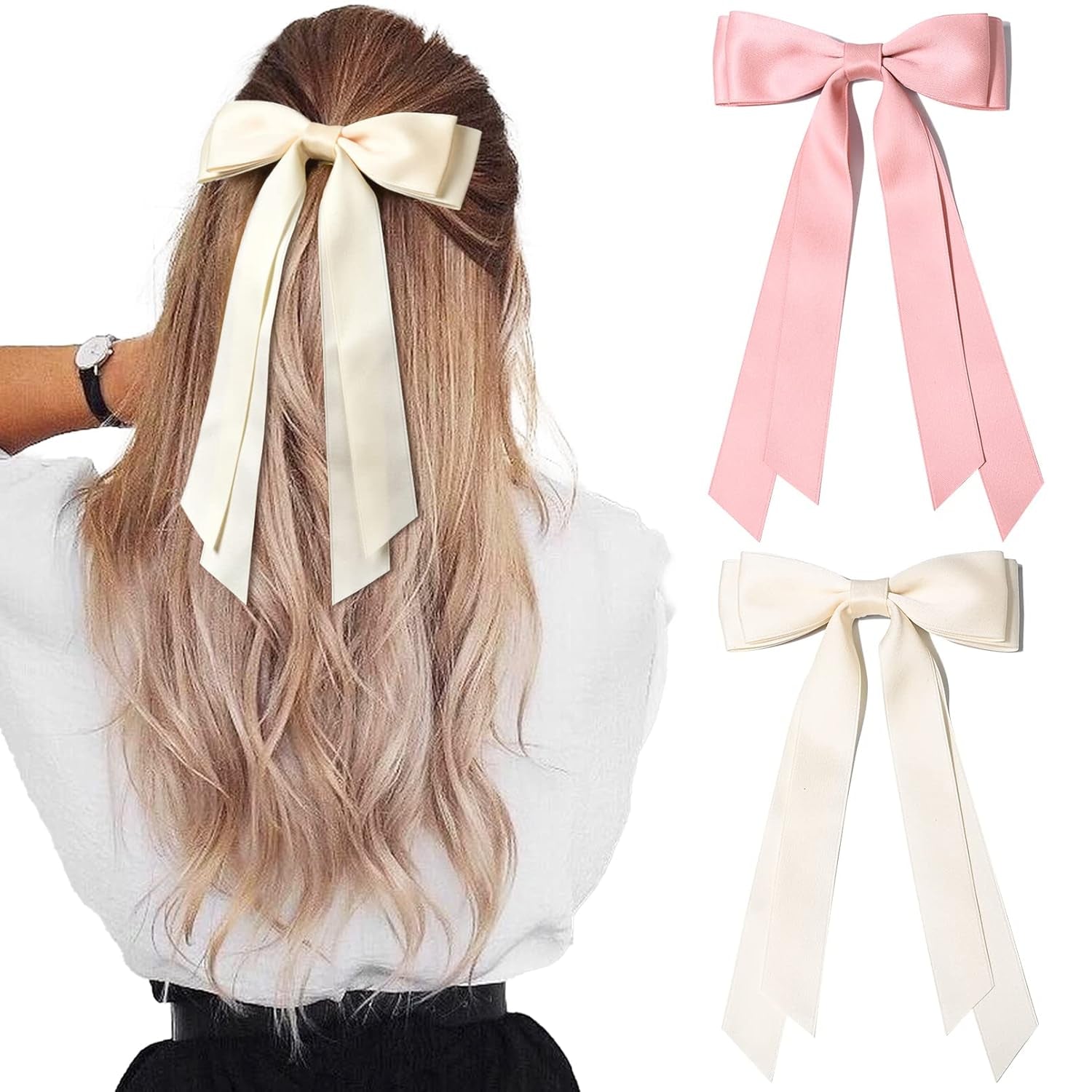2PCS Silky Satin Hair Bows Hair Clip Beige Pink Hair Ribbon Ponytail Holder Accessories Slides Metal Clips Hair Bow for Women Girls Toddlers Teens Kids