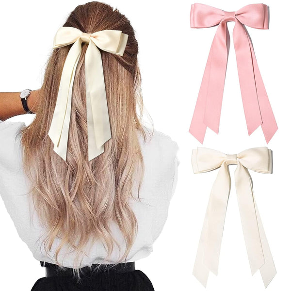 2PCS Silky Satin Hair Bows Hair Clip Beige Pink Hair Ribbon Ponytail Holder Accessories Slides Metal Clips Hair Bow for Women Girls Toddlers Teens Kids