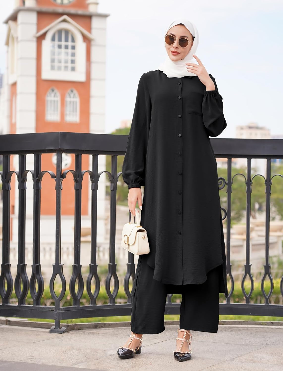 Prayer Clothes for Muslim Women 2 Piece Long Sleeve Button down Shirt Dress Wide Leg Pants Abaya Dress for Women Islamic Clothes Middle East Ramadan Muslim Dresses Eid Dresses for Women Black L