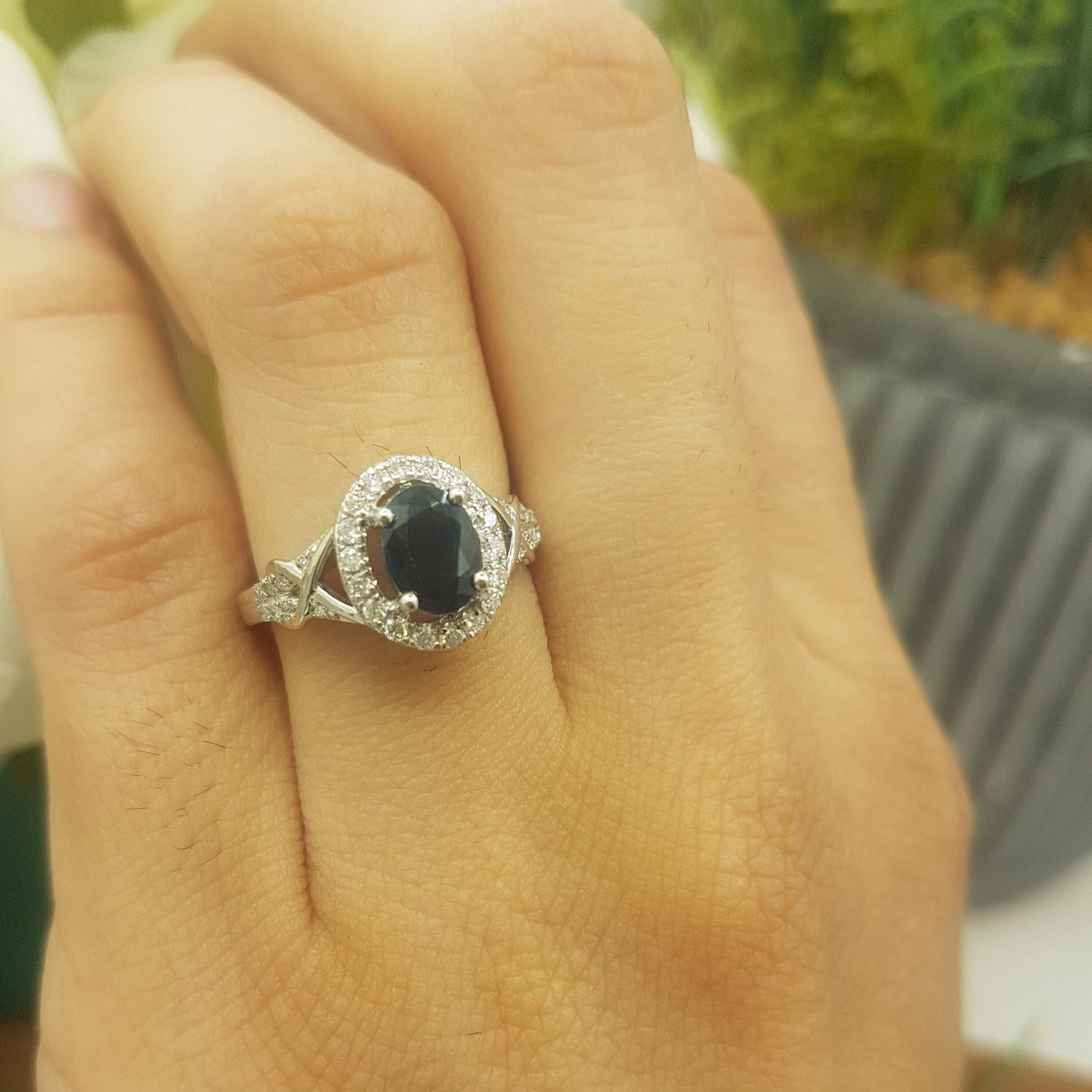 7X5Mm Oval Blue Sapphire & round White Diamond Split Shank Halo Engagement Ring for Women in 10K Solid Gold