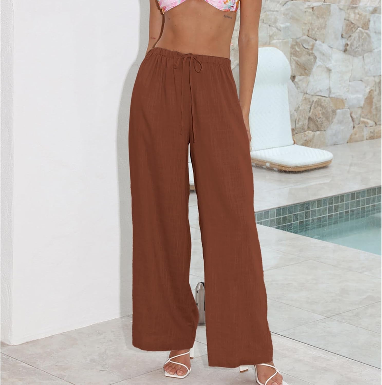 Womens Cotton Linen Palazzo Pants Drawstring Elastic Waist Casual Wide Leg Trousers with Pockets