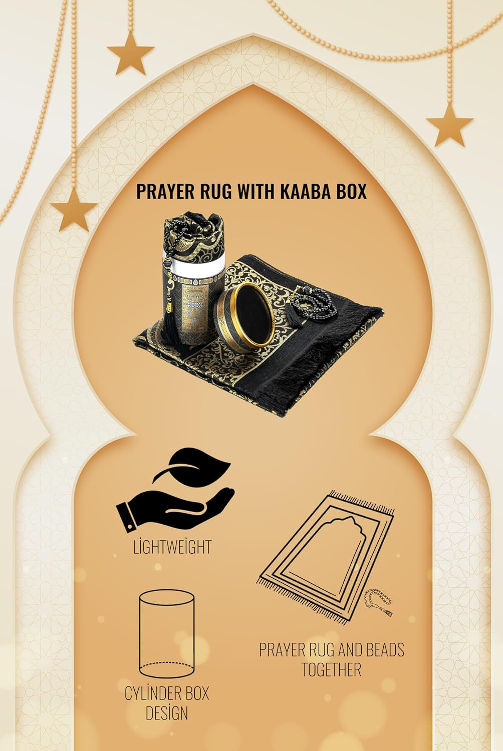 Muslim Prayer Rug and Prayer Beads with Elegant Design Cylinder Gift Box, Janamaz, Sajadah, Soft Islamic Gifts Set, Carpet Mat, Taffeta Fabric, Black