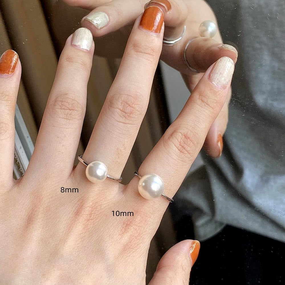 Shell Pearl 925 Sterling Silver Ring for Women Girls Adjustable Expandable round Ball Wedding Statement Finger Rings Comfort Fit Simple Elegant Engagement Promise Birthday Jewelry Gift