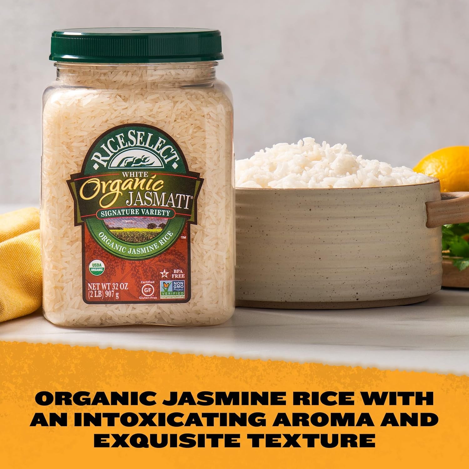 Jasmati Organic Rice, Long-Grain Organic Jasmine Rice, Premium Gluten-Free Rice, Non-Gmo, 32-Ounce Jar