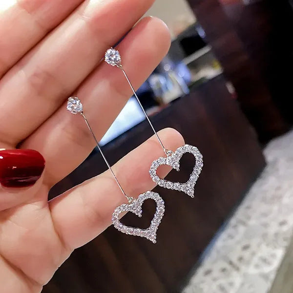 New Exquisite Korean Women'S Fashion Diamond Long Tassel Heart-Shaped Pendant Earrings Jewelry Gift