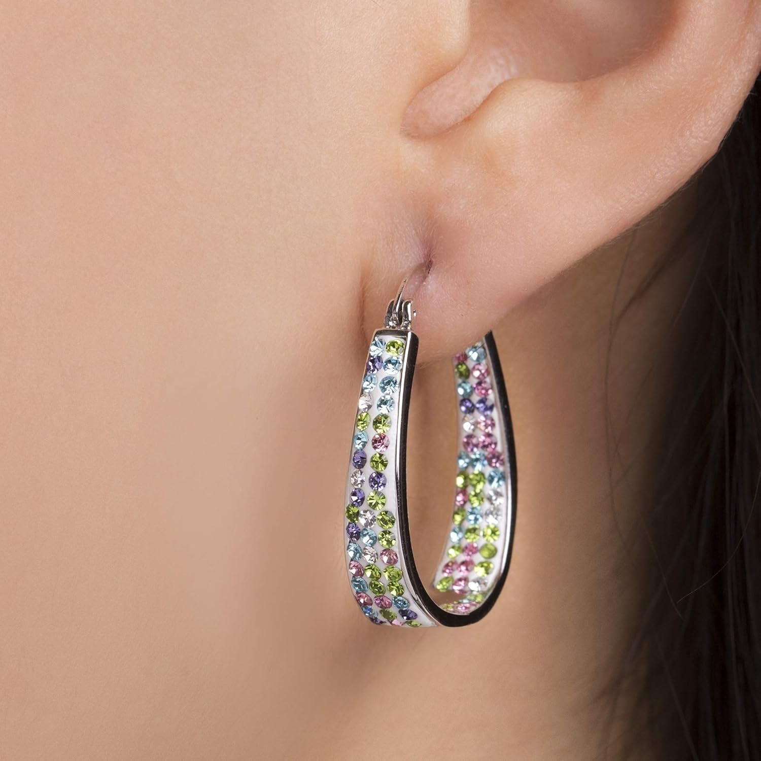 Oval inside outside Hoop Earrings for Women Faceted Sparkle Crystals
