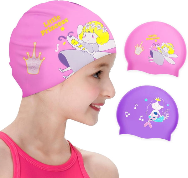 2 Pack Swim Cap for Kids Girl Boys Youth, Waterproof Swimming Cap for Long and Short Hair, Durable Silicone Bathing Cap with Storage Bag