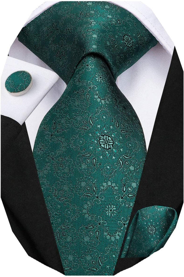 Mens Paisley Floral Silk Tie for Men Striped Necktie and Pocket Square Cufflinks Set Wedding Business