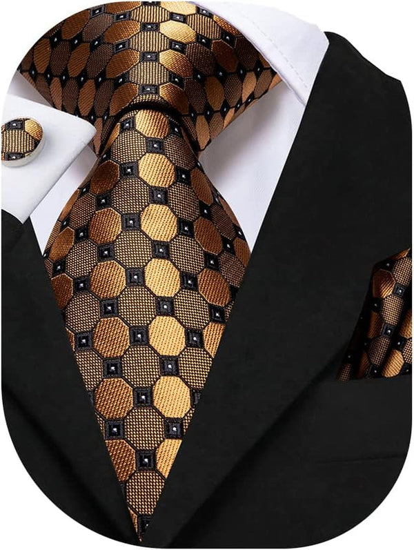 Mens Tie Set Solid Paisley Silk Striped Necktie for Men with Cufflinks Tie and Pocket Square