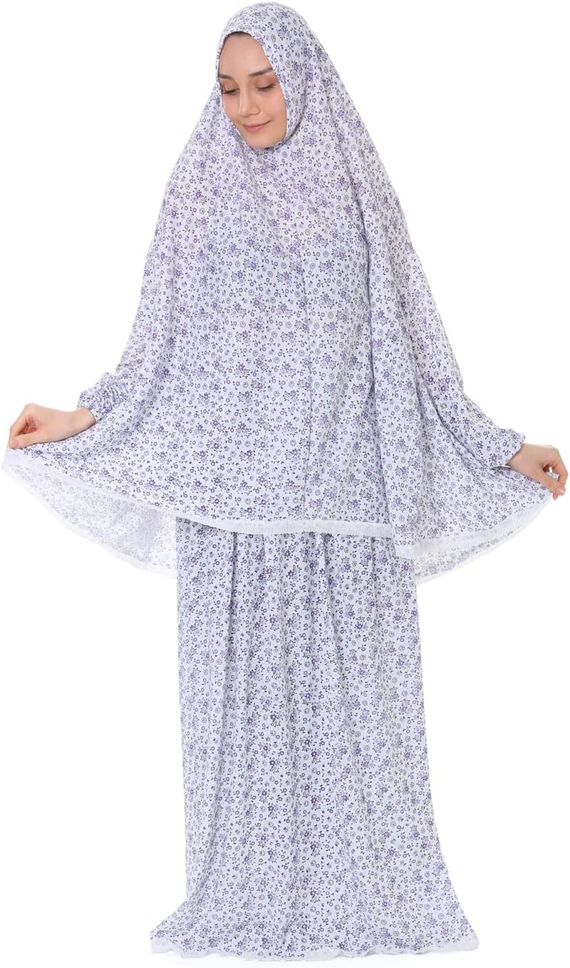 Islamic Dress for Women Prayer Clothes for Muslim Women 2 Piece Set Maxi Skirt with Hijab and Rosary Printed Dress