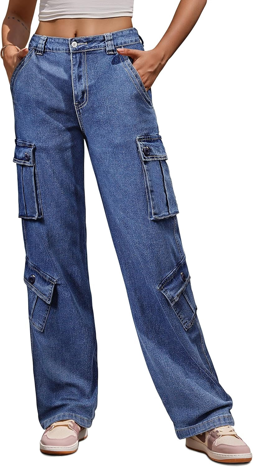 Women Pants High Waisted Cargo Pants Combat Military Wide Leg Casual Trousers 8 Pockets