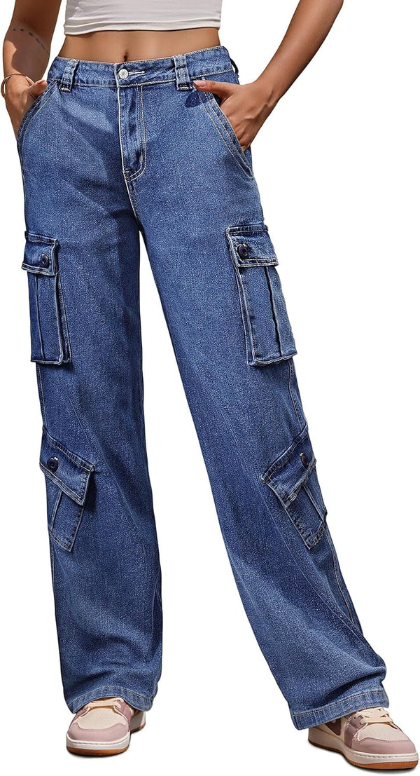 Women Pants High Waisted Cargo Pants Combat Military Wide Leg Casual Trousers 8 Pockets
