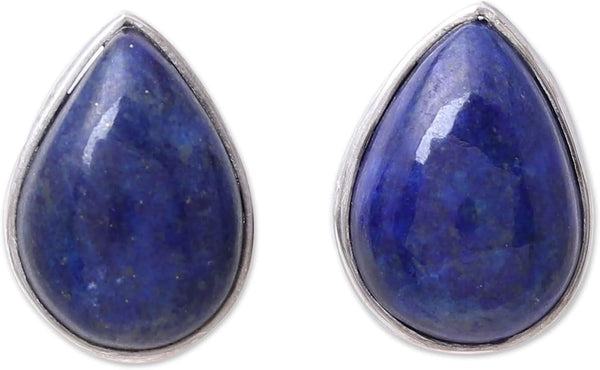 Artisan Handmade Jewelry Teardrop Earrings | Lapis Lazuli Button Earrings | .925 Sterling Silver Teardrop Earrings from India | Crafted by Hand Birthstone Gemstone Earrings 'Mystic Tears'