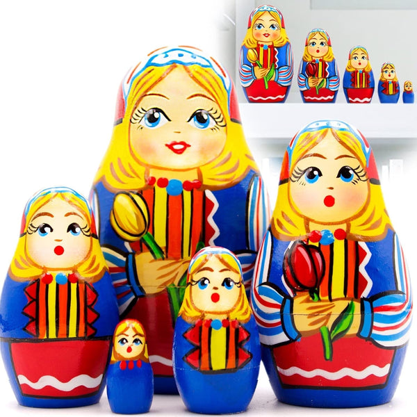 Russian Nesting Dolls Set of 5 Pcs - Russian Doll in Traditional Dutch Folk Dress with Tulips - Wooden Matryoshka in Dutch National Costume