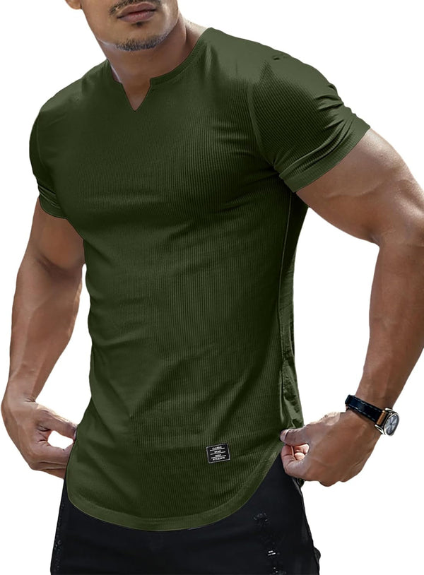 Mens Muscle T Shirts V Neck Short Sleeve Henley Shirt Hipster Longline Gym Workout Athletic Tee Shirts