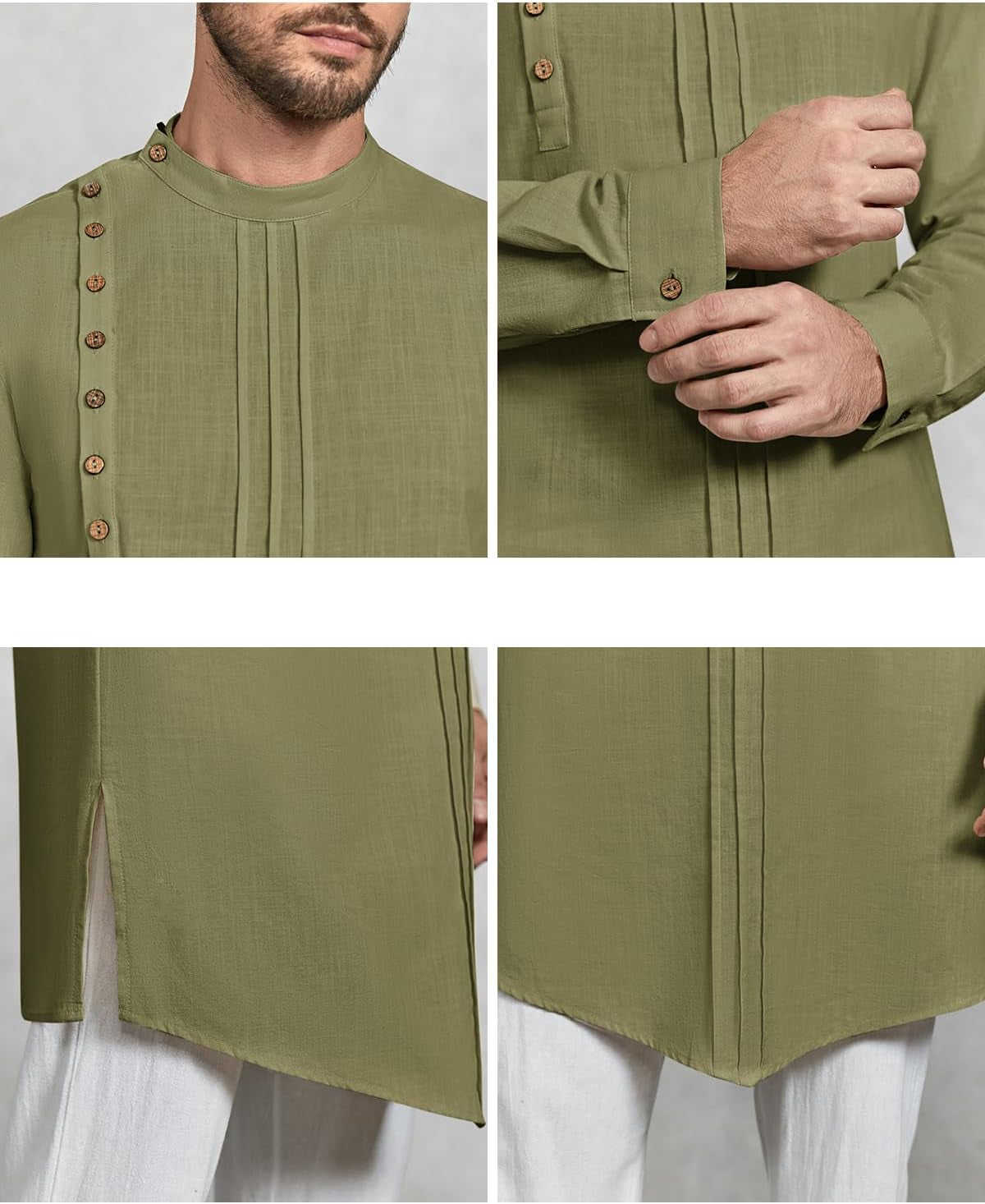 Mens Kaftan Thobe Long Sleeve Robe Gown Casual Cotton Linen Button Muslim Shirt