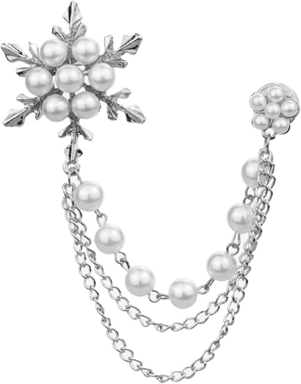 Glittering Imitation Pearl Crystal Snowflake Flower Hanging Chain Brooch Pin for Women Men Fashion Snowflake Tassel Shirt Collar Lapel Pin Charming Clothes Bags Decoration Jewelry