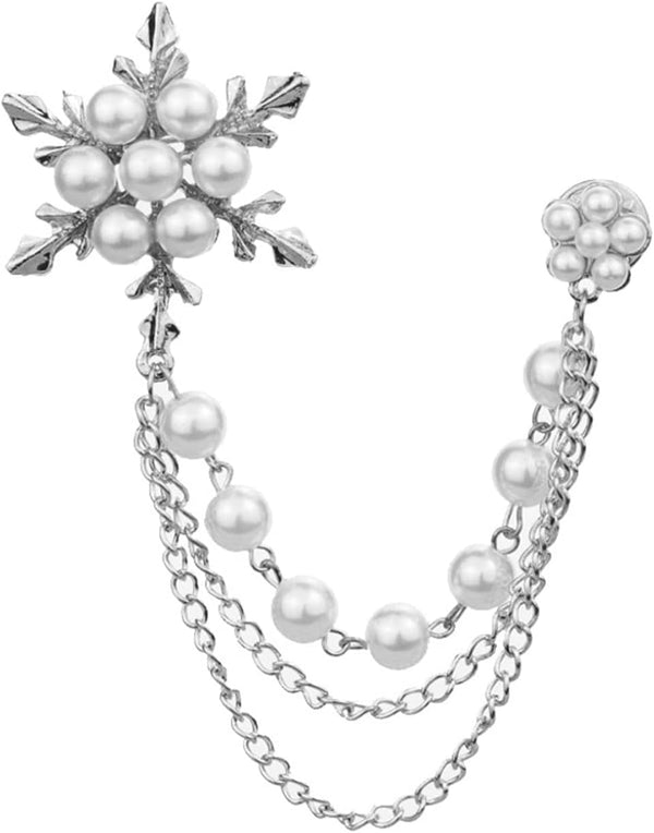 Glittering Imitation Pearl Crystal Snowflake Flower Hanging Chain Brooch Pin for Women Men Fashion Snowflake Tassel Shirt Collar Lapel Pin Charming Clothes Bags Decoration Jewelry