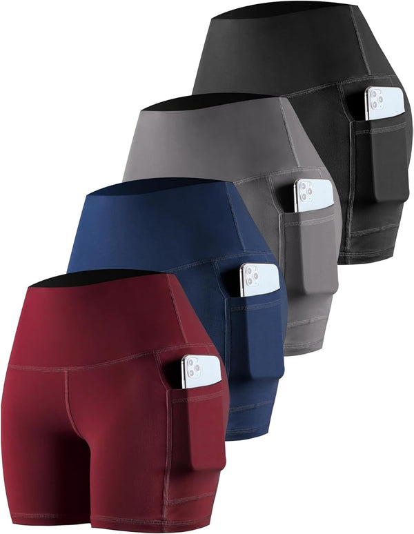 Womens Biker Shorts with Pockets: High Waisted Tummy Control Spandex Workout Yoga Athletic Gym Shorts 4 Packs