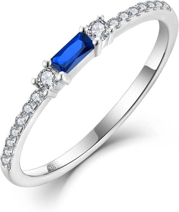 925 Sterling Silver Baguette Created Diamond Rings for Women Thin Stackable Birthstone Promise Rings Half Eternity Halo Cubic Zirconia Wedding Band Rings for Her Size 5-10