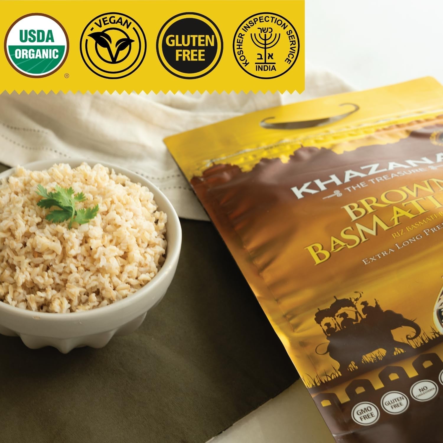 Authentic Brown Basmati Rice by  in 10 Lb Bag - Aromatic and Flavorful Indian Grain - Non-Gmo, Gluten Free, Kosher, Cholesterol Free