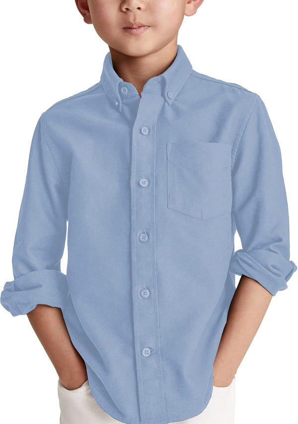 Boys' Long Sleeve Dress Shirts Classic Collared Button-Down Tshirt Solid Cotton Top with Chest Pocket