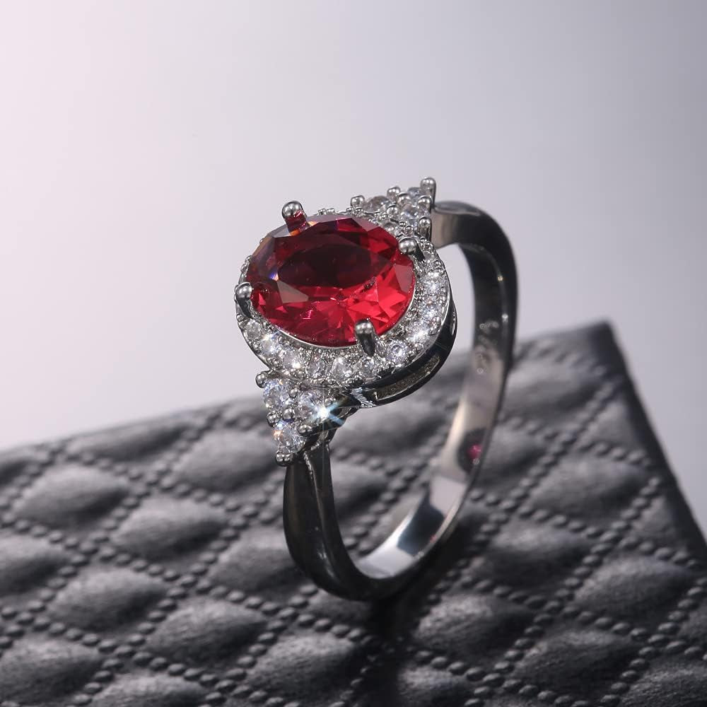 Oval Cut Ruby Diamond Cluster Solitaire Ring Delicate Engagement Rings 14K Gold Plated 925 Sterling Silver Gemstone Ring Natural Ruby Ring for Women Size 8