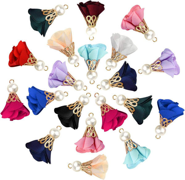 84 Pieces 12 Colors Fabric Flower Pendants Floral Cloth Tassel Jewelry Charms with Metal Caps for Earring Jewelry Making Key Chain DIY