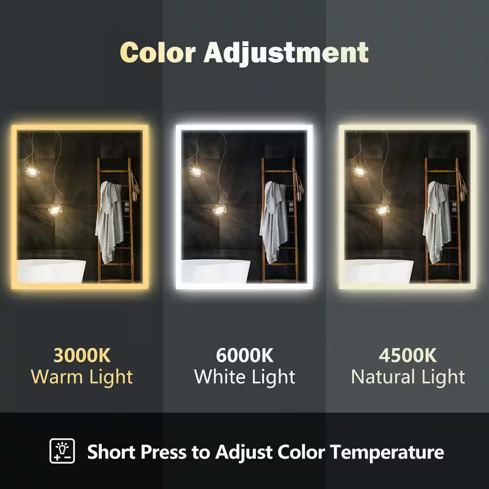 36 In. W X 30 In. H Rectangular Frameless LED Light with 3-Color and Anti-Fog Wall Mounted Bathroom Vanity Mirror