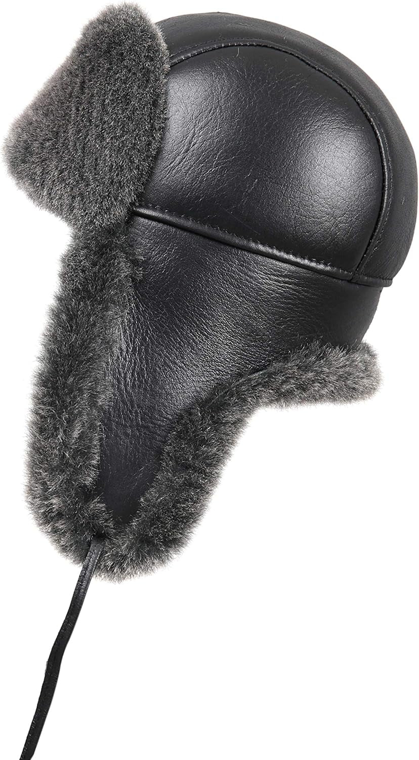Leather Aviator Shearling Ushanka Trapper Hat Russian Sheepskin Cap Real Fur Winter Hat with Ear Flaps for Men Women