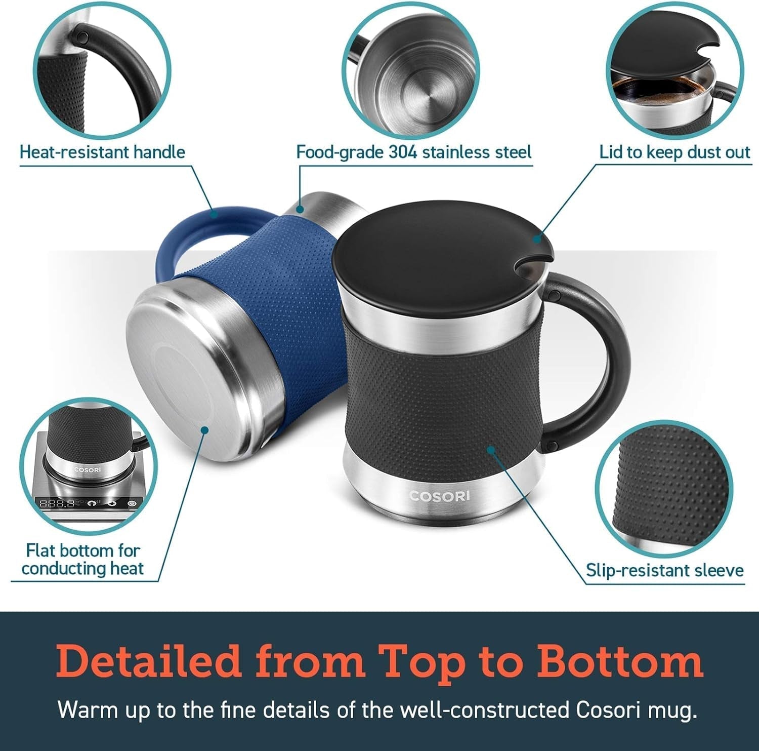 Coffee Mug with Lids Set of 2, Stainless Steel Cups with Heat-Resistant Handle & Slip-Resistant Sleeve, 17 Oz, Best Match W/Mug Warmer, for Coffee,Tea,Water,Cocoa, Milk, C1601-CM, Black & Blue