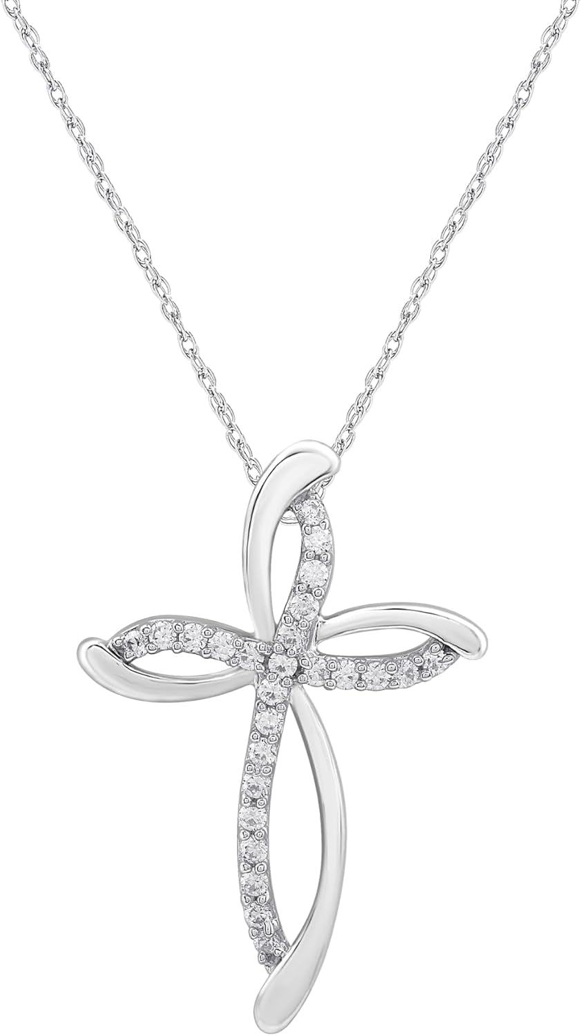 10K White Gold Necklace for Women with Natural Round-Cut Diamond and Swirl Cross Pendant-Necklace, 18" Rope Chain, 925 Sterling Silver Necklace and 18" Cable Chain, 1/4 Carat Total Weight Diamonds & Elegant Gift Box Included