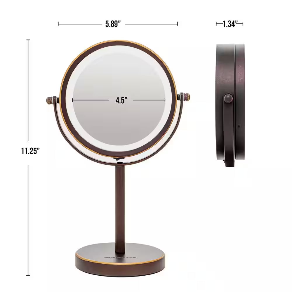 Small Antique Bronze Lighted Tabletop Makeup Mirror (11.6 In. H X 7.1 In. W), 1X-7X Magnification