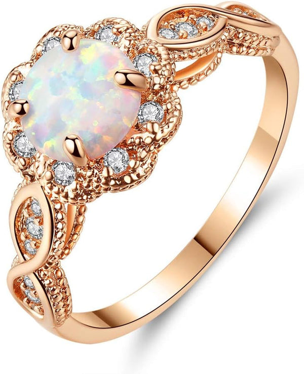 18K Gold Plated Opal Ring-White Fire Opal & Amethyst & Cubic Zirconia Women Jewelry Gemstone Engagement Anniversary Ring Size 5-13