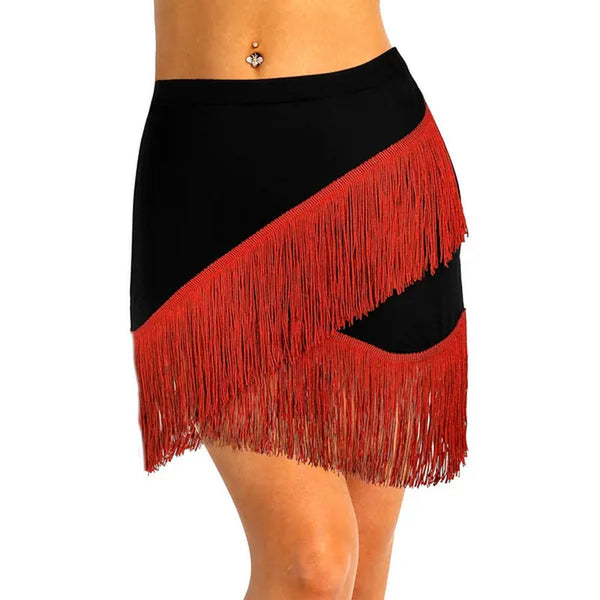 Women Adult Wear Elastic Waistband Fringe Flowing Tassels Latin Skirt Tango Rumba Dancewear