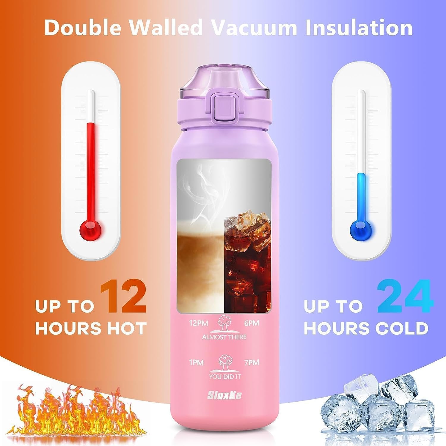 Insulated Water Bottle 32Oz with 2Lids,18/10 Stainless Steel 1000Ml Insulated Water Bottle Double Walled with Handle, Metal Canteen Keep Cold 48H Hot 24H for Men, Women & Kids