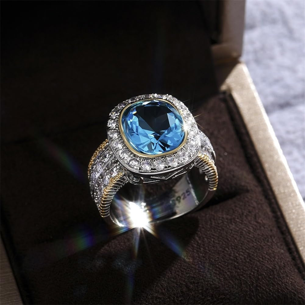925 Sterling Silver Shiny Full Diamond Ring 18K Gold Sapphire Cocktail Ring Blue Cubic Zirconia Promise Ring CZ Diamond Multi Row Ring Eternity Engagement Wedding Band Ring for Women Z.58 (US Code 7)
