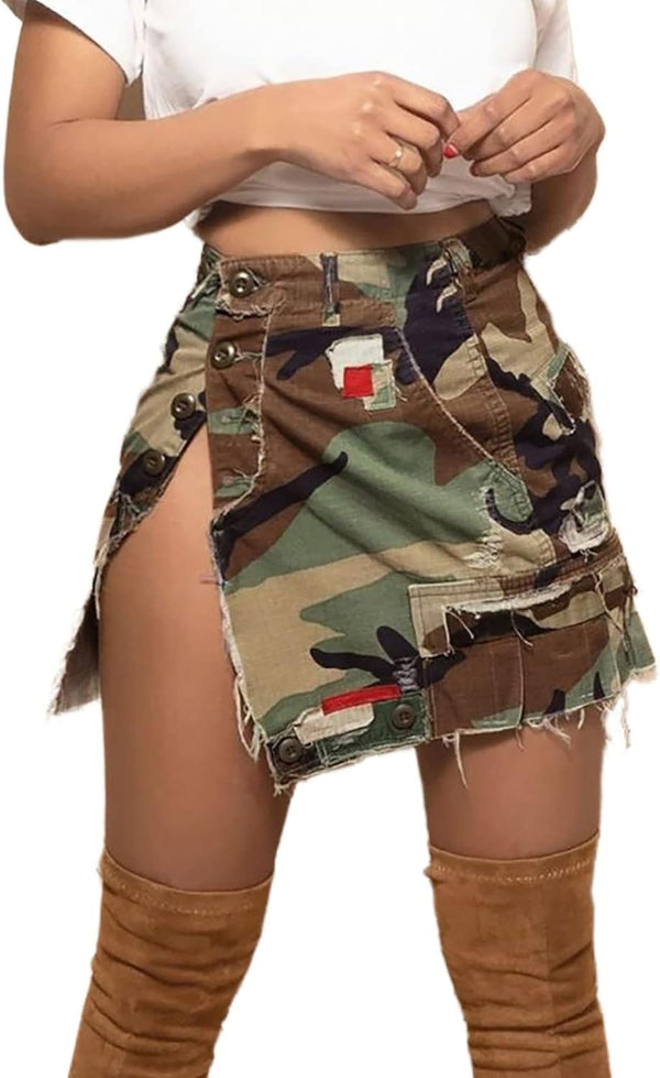 Women'S Camo Cargo Mini Skirt Y2K High Split Camouflage Army Fatigue Short Skirt