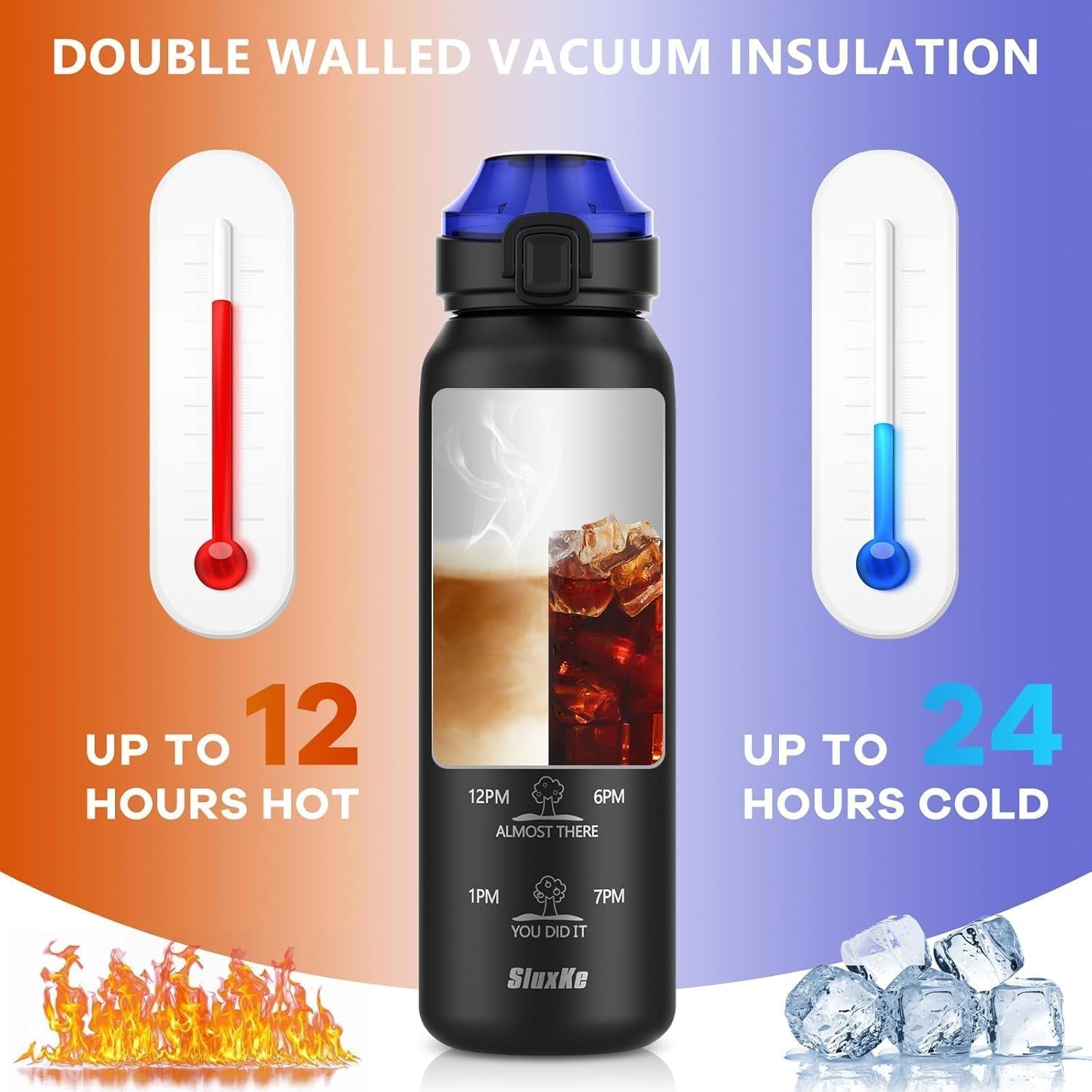 32Oz Water Bottle 316 Stainless Steel with Time Marker, 1000Ml Insulated Water Bottle Double Walled with Handle, Metal Thermoses Keep Cold & Hot 24H for Men, Women & Kids BLACK