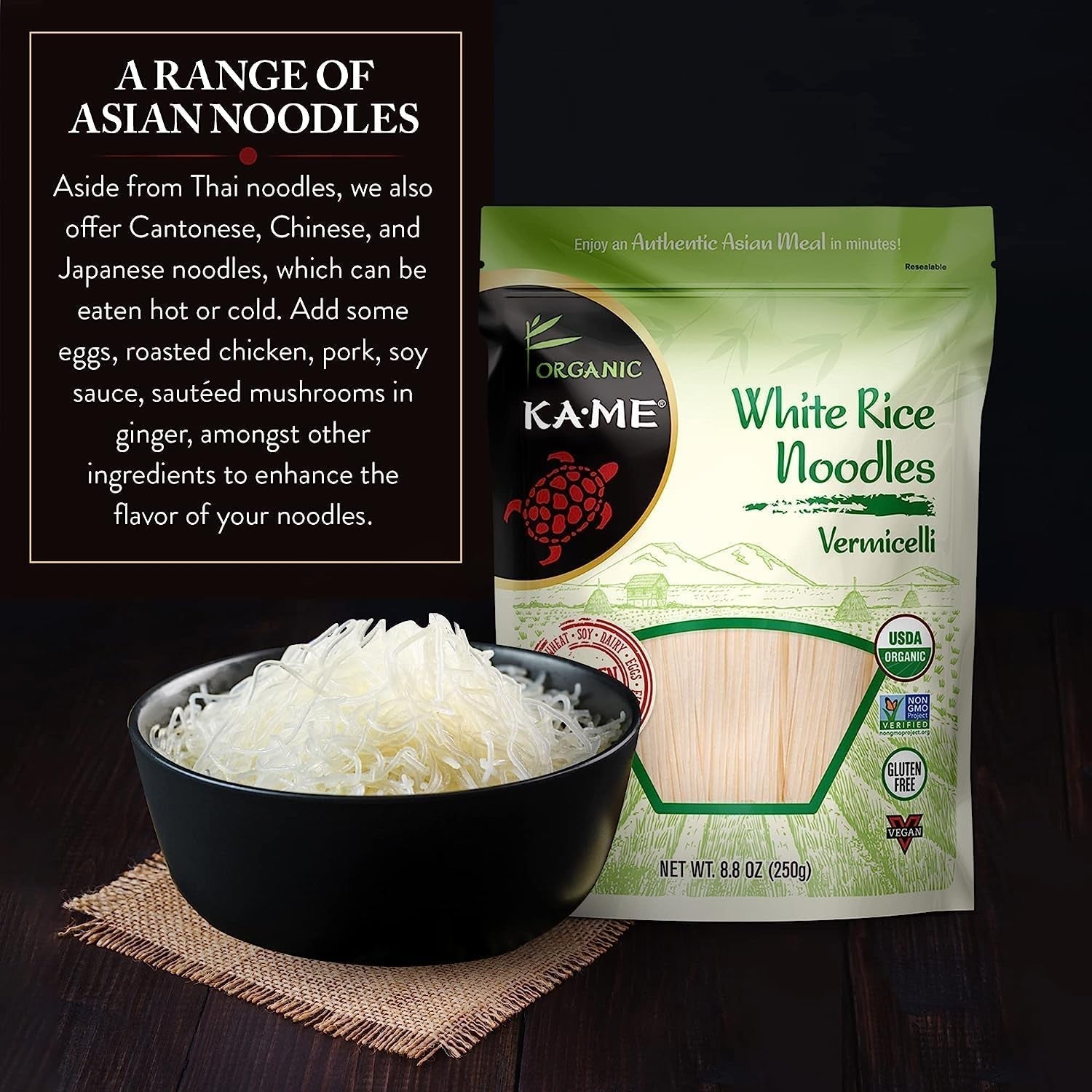 Organic Rice Noodles - Premium Quality Vermicelli - Gluten-Free, No Preservatives or MSG, a Thai and Southeast Asian Staple - Perfect for Stir-Fries, Soups, and Salads - 8.8Oz