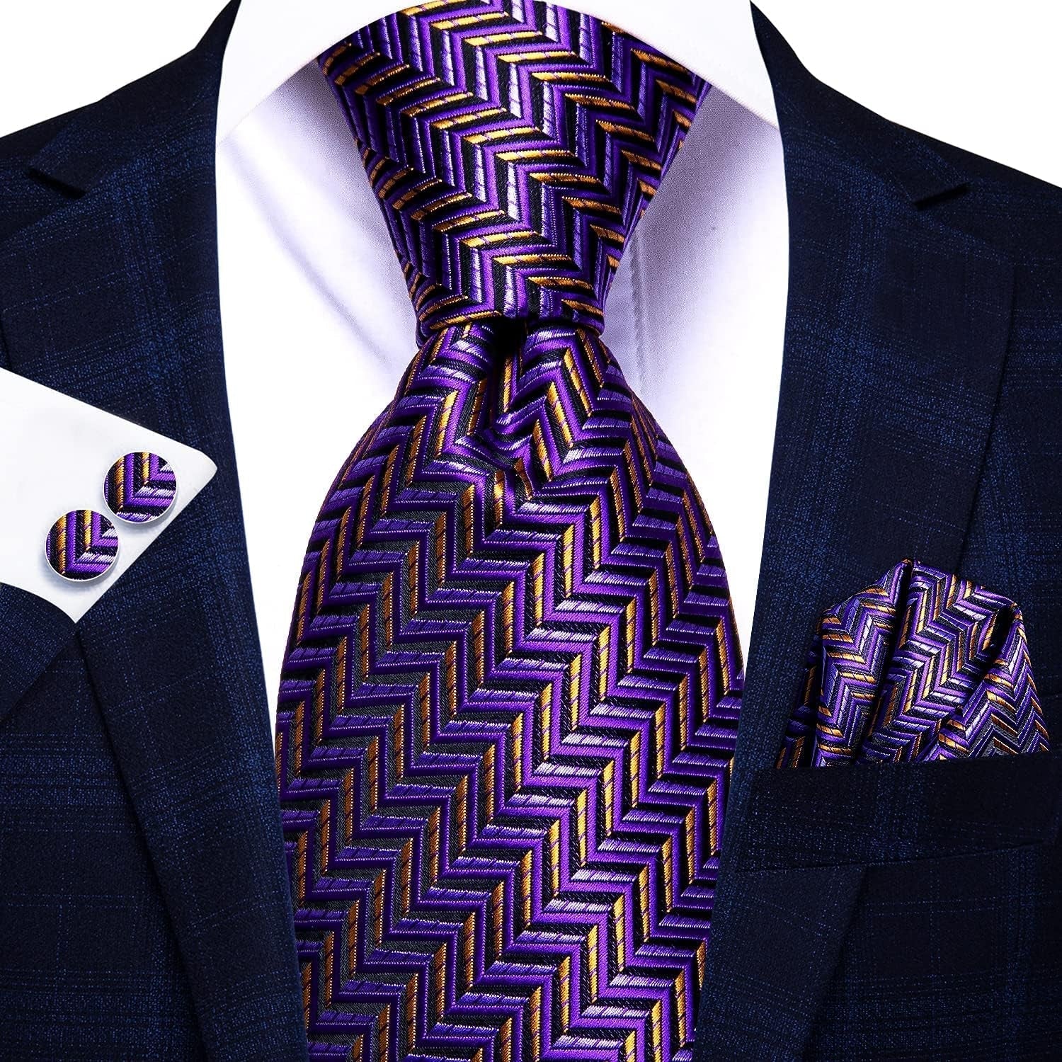 Mens 70 Inches Tie Set Extra Long Necktie with Cufflinks Handkerchief for Big and Tall Men Business Wedding