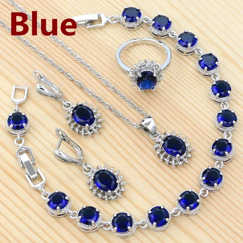Natural Green Cubic Zirconia 925 Sterling Silver Jewelry Sets for Women Engagement Earrings Ring Pendant Necklace Set