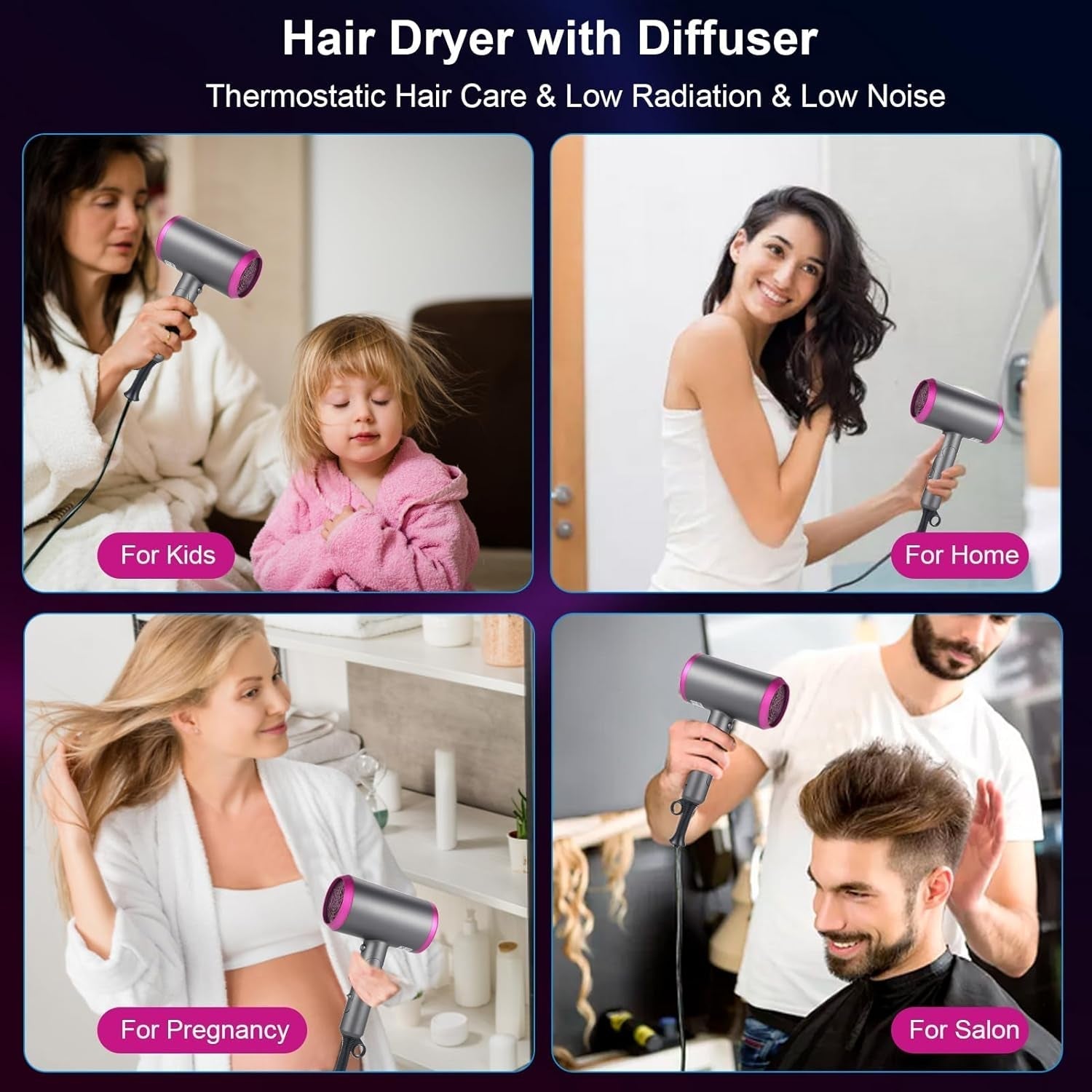 1800W Hair Dryer Professional Salon Anion Hair Dryer with Attachment Diffuser & Nozzles, 2 Speeds Fast Dry with Constant Temperature, Home Use Portable Foldable Hair Dryer