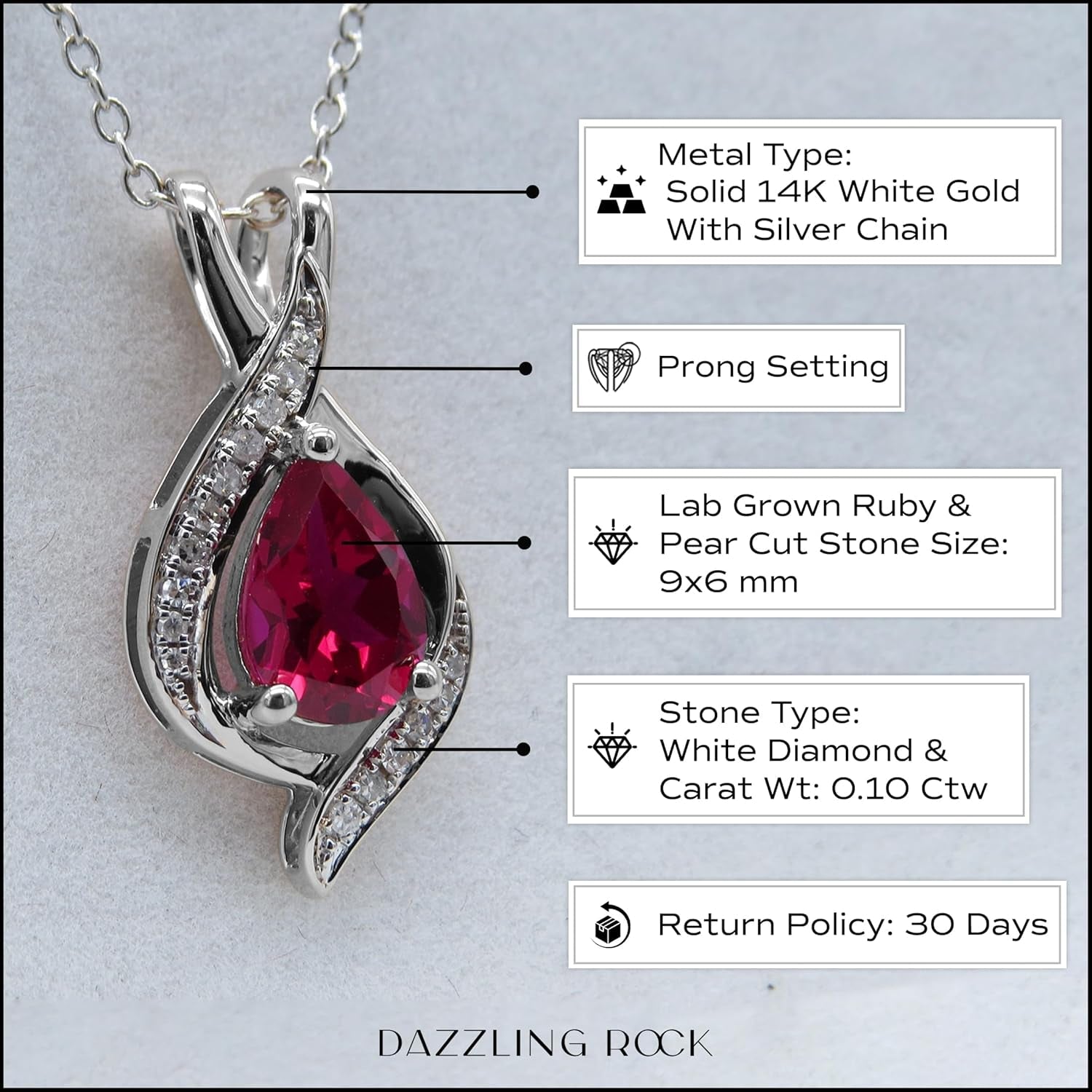 9X6Mm Pear Lab Created Gemstone & round White Diamond Swirl Teardrop Pendant with 18 Inch Chain for Women in Solid Gold