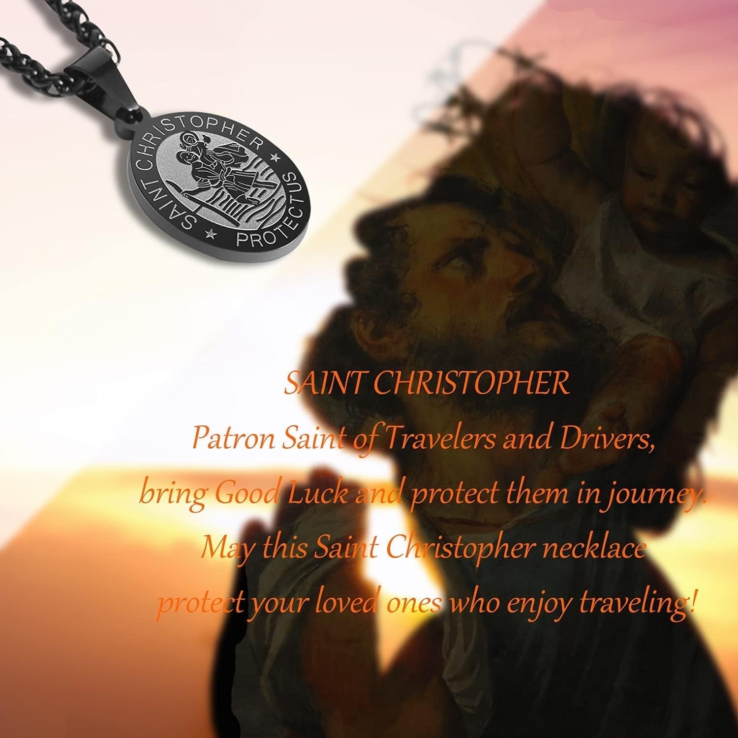 Oval Saint Christopher/Michael/Joseph/Virgin Mary/Florian/Jude Pendant Medal Necklace, Catholic Stainless Steel Wheat Chain 24 Inches