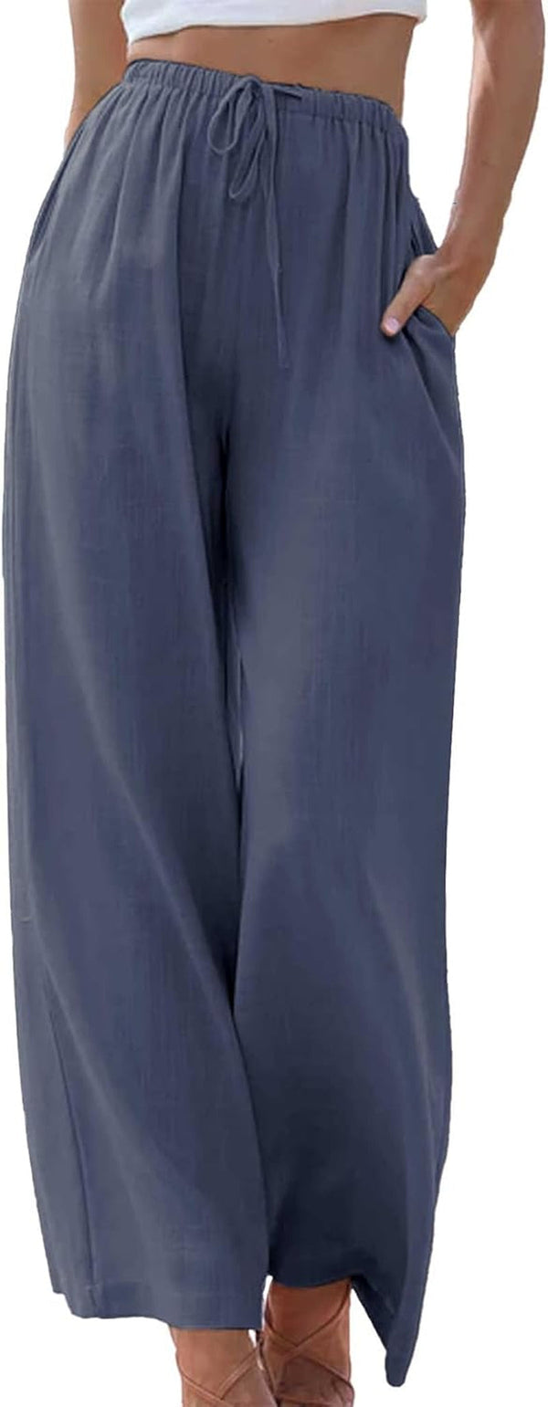 Womens Cotton Linen Palazzo Pants Drawstring Elastic Waist Casual Wide Leg Trousers with Pockets