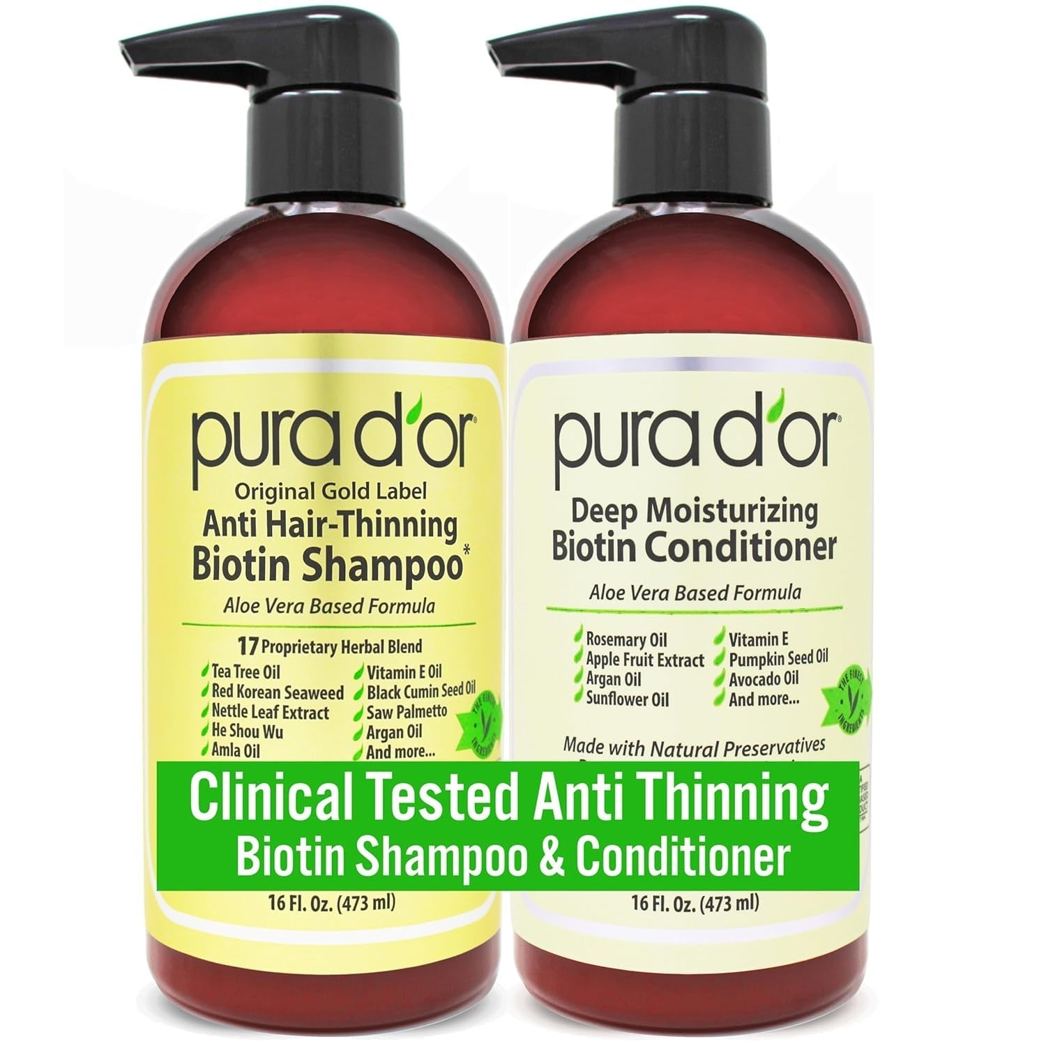 Anti-Thinning Biotin Shampoo & Deep Moisturizing Conditioner Original Gold Label Set (16Oz X2) Natural Earthy Scent, CLINICALLY TESTED Effective Results, DHT Blocker Thickening, Women & Men