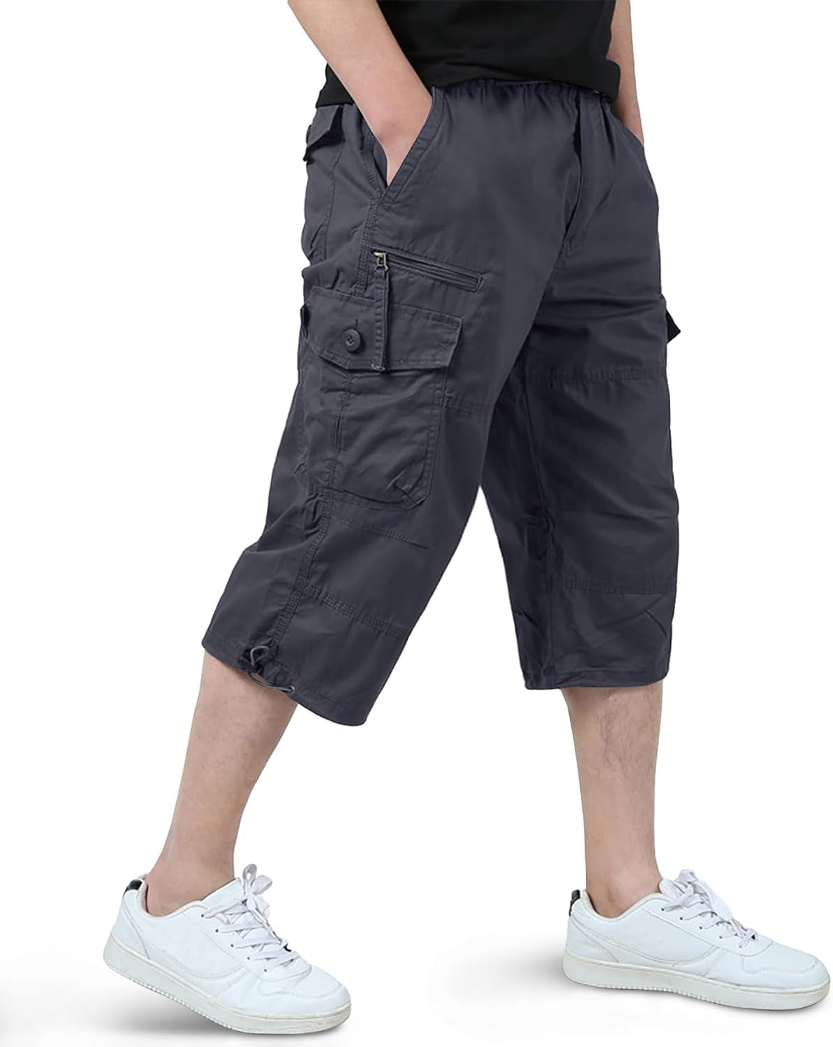 Men'S Cargo Shorts Casual Twill Elastic 3/4 Capri Pants below Knee Long Shorts with 7 Pockets