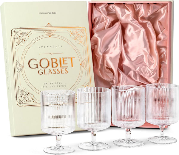 Vintage Art Deco Ribbed Goblet Cocktail Glasses with Stem | Set of 4 | 10 Oz Short Stemmed Crystal Tumblers for Drinking Classic Whiskey, Gin, Vodka Bar Drinks
