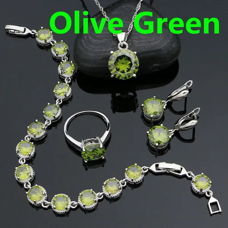 925 Sterling Silver Bridal Jewelry Sets Green Emerald Drop Earrings Ring Pendant Necklace Bracelet 4Pcs Birthday Gift for Women